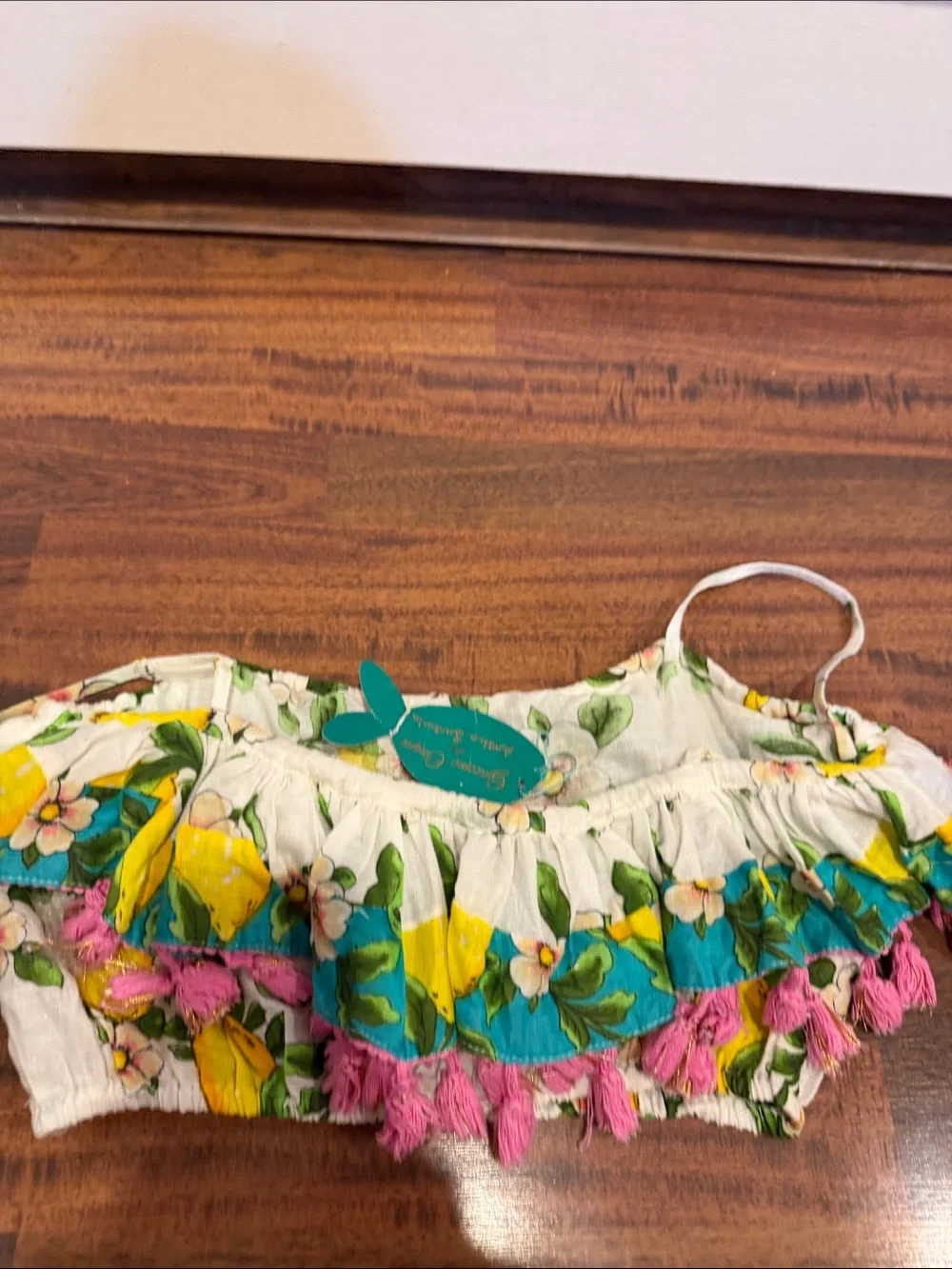 NWT from Positano, Italy Lemon-Print Ruffle Tank Top Pink Tassels w matching Top